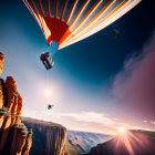 Colorful hot air balloons over majestic canyon at sunrise