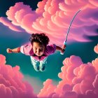 Child with wings and sunglasses flying in surreal sky among clouds and airplanes