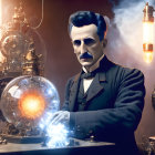 Vintage laboratory scene with Nikola Tesla and electrical devices