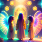 Three ethereal beings with colorful wings in celestial clouds.