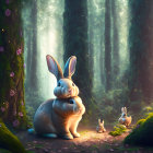 Animated rabbits in magical forest with sunbeams