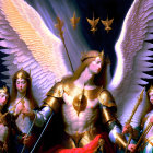 Four armored figures with wings and halo, holding golden weapons on dark background.