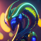 Futuristic metallic creature with glowing blue eyes on vibrant bokeh-light background