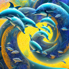 Colorful digital artwork: Three stylized dolphins in swirling sea.