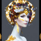Ethereal artwork of woman with golden ornate headgear, doves, circles; pale skin