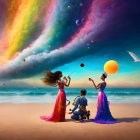 Three individuals juggling spheres under surreal sky with rainbow clouds