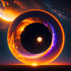 Digital artwork of eclipse with fiery ring in starry sky.