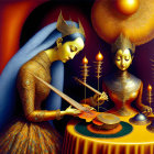 Digital artwork of woman playing stringed instrument with golden patterns, candles, and serene figure.