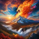 Dual Lion Cloud Artwork: Fiery Orange and Cool Blue Heads in Dramatic Sky