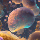 Woman surrounded by luminous jellyfish and coral in serene underwater scene