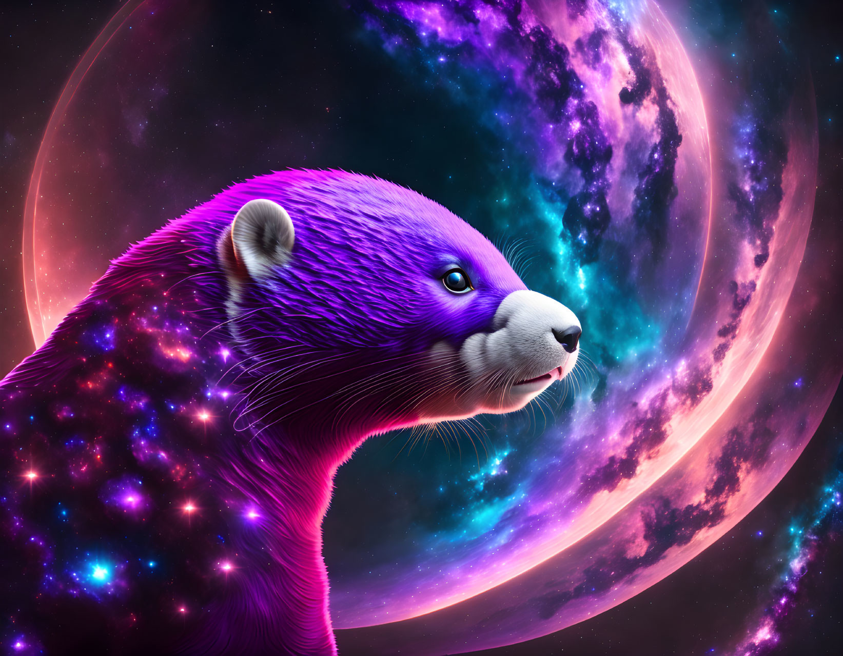 Purple ferret digital art with realistic fur texture on cosmic background