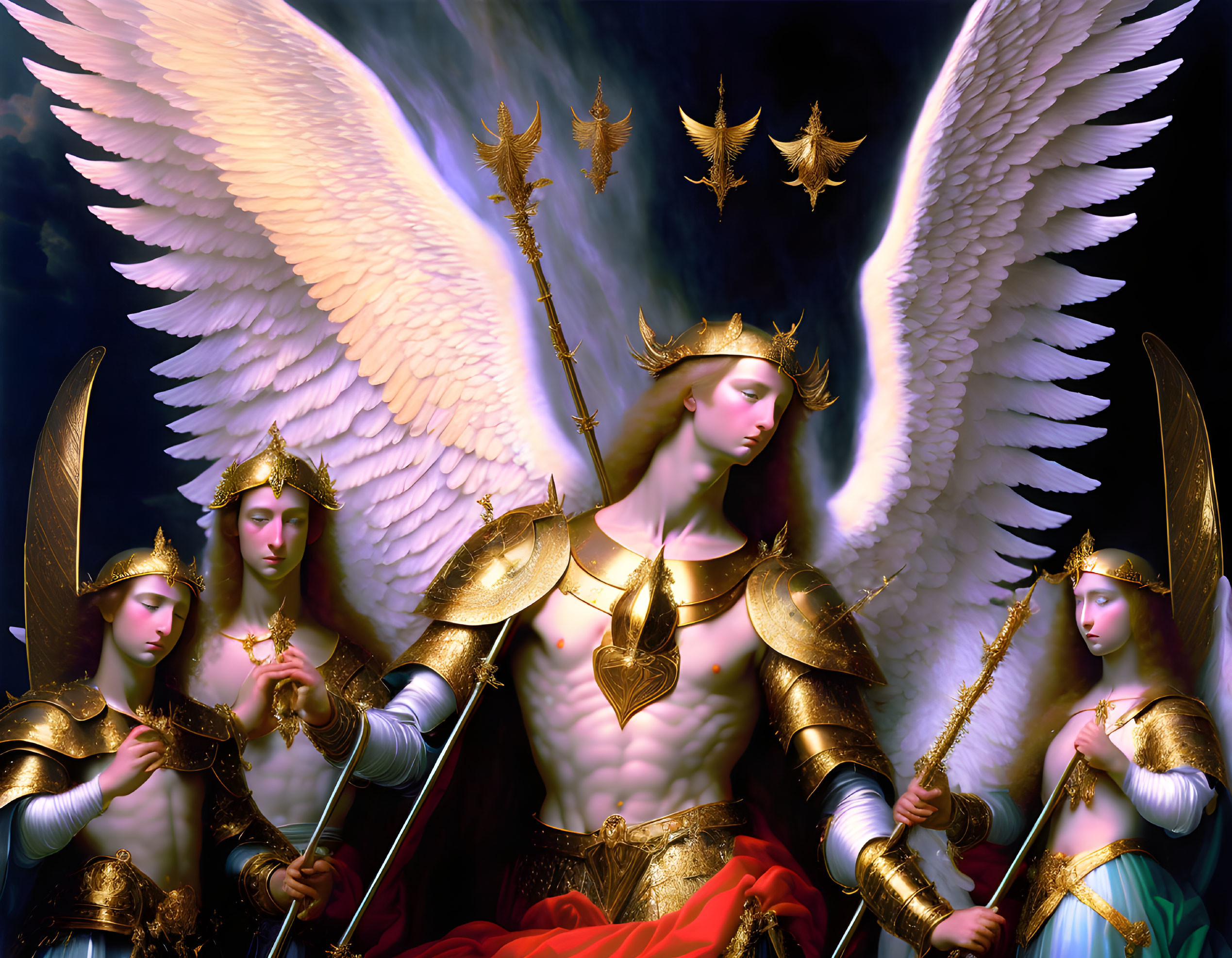 Four armored figures with wings and halo, holding golden weapons on dark background.