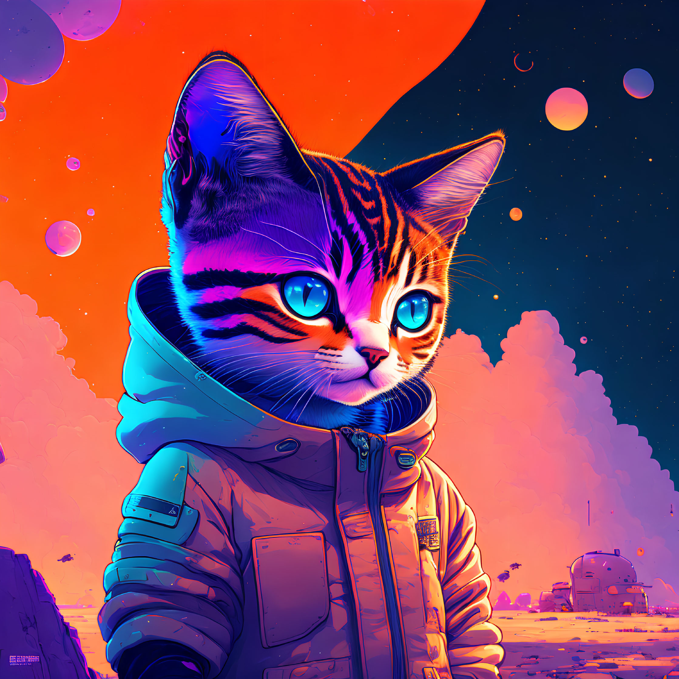 Stylized cat illustration in astronaut suit with planets on orange-purple space backdrop