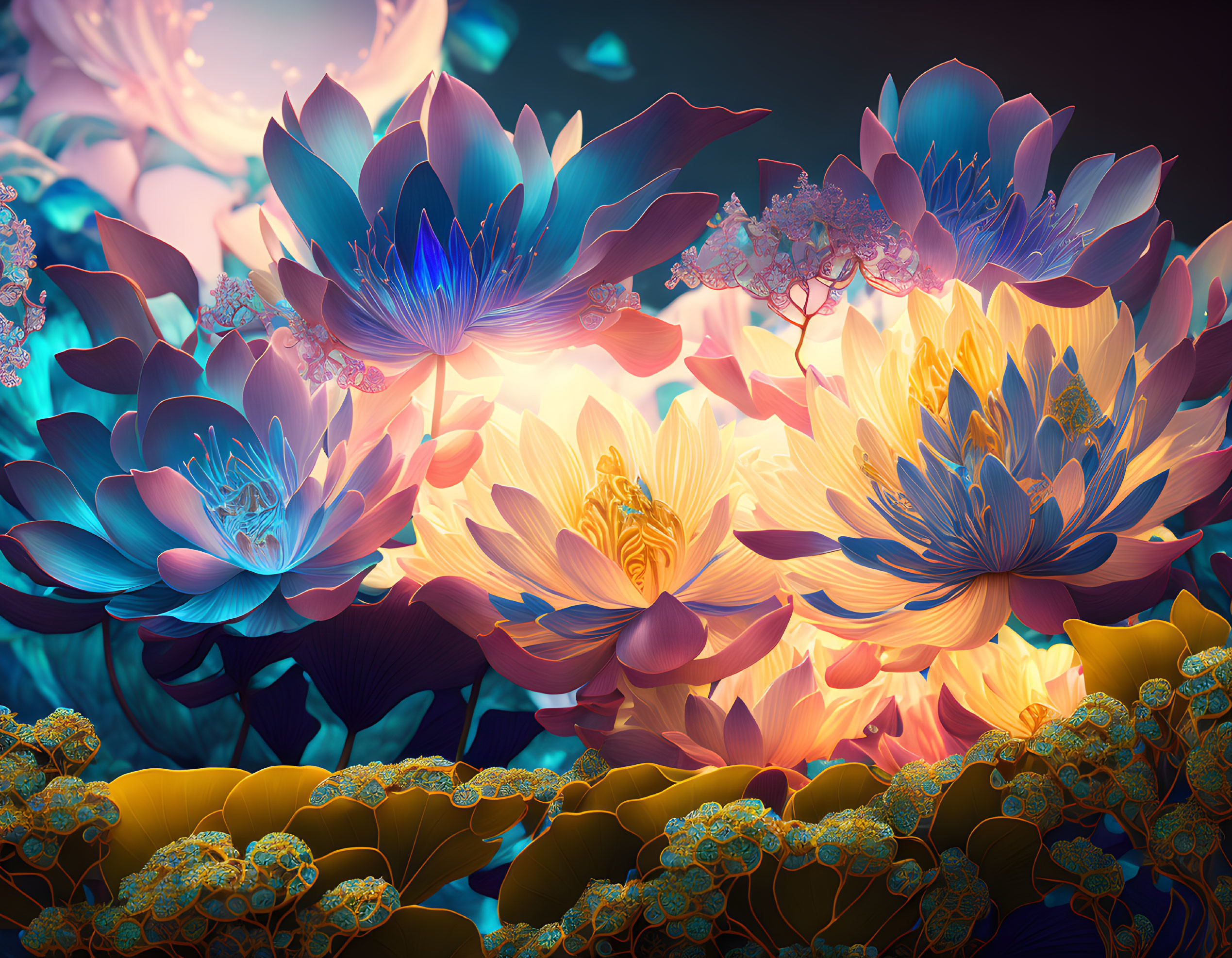 Colorful Stylized Lotus Flowers on Dark Background with Petal Details