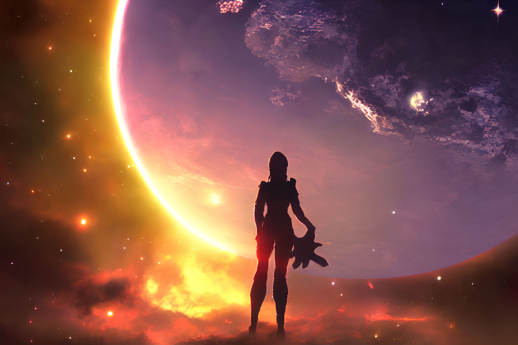 Silhouette of humanoid figure on surreal celestial landscape