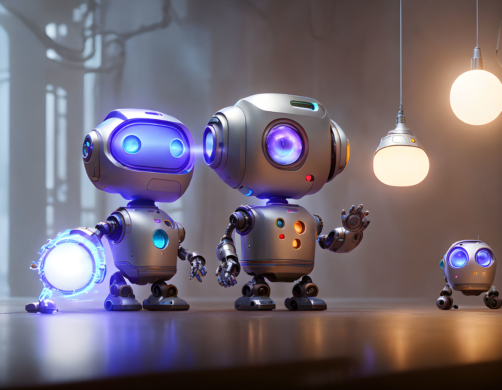 Four futuristic robots of varying sizes in a room with hanging lights and a blue energy portal.