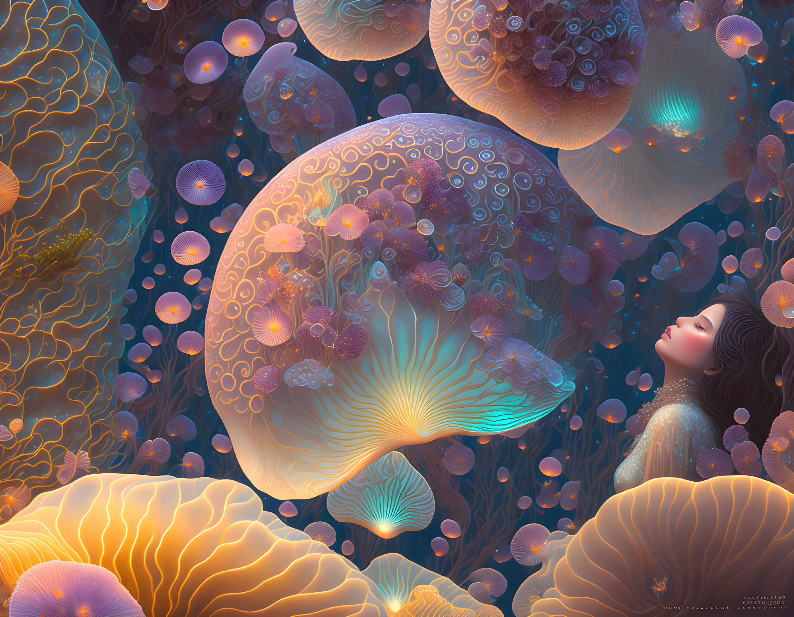 Woman surrounded by luminous jellyfish and coral in serene underwater scene