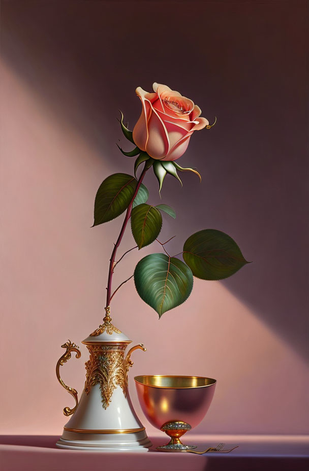 Peach-Colored Rose in White Vase with Gilded Bowl on Pink Background