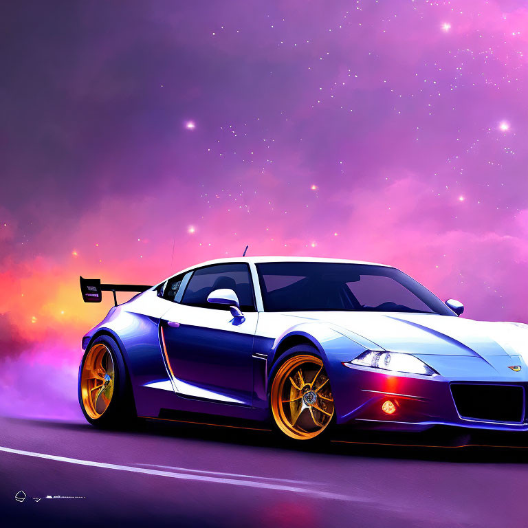 Sleek Blue Sports Car Digital Art Against Cosmic Sky