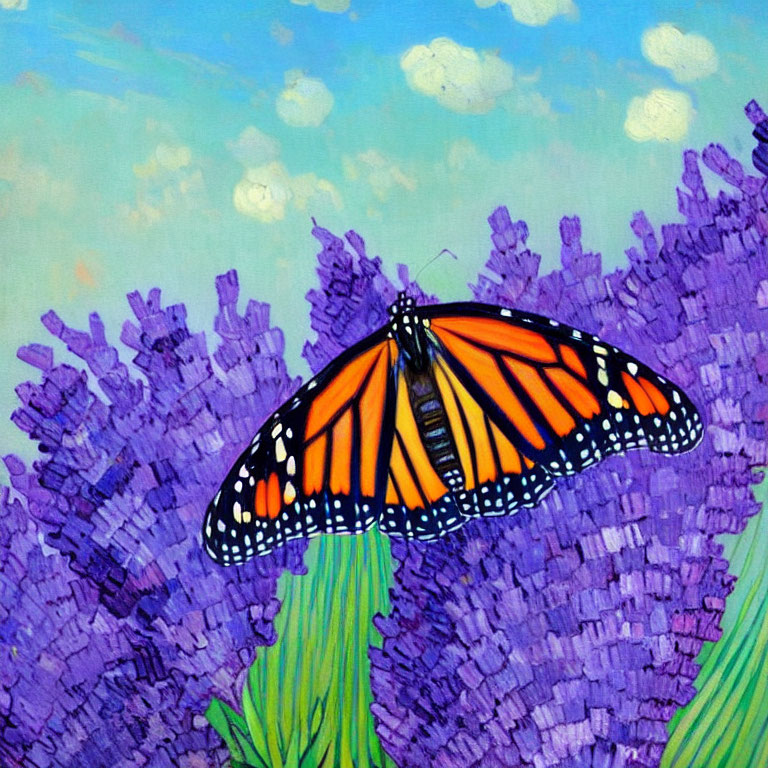 Monarch butterfly on purple flowers under blue sky