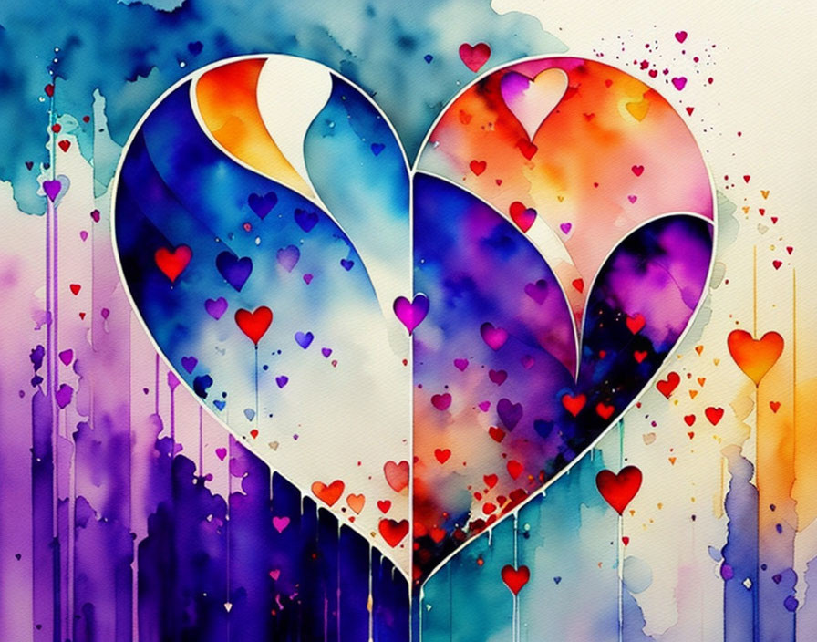 Colorful Watercolor Heart Painting in Purple, Blue, and Orange