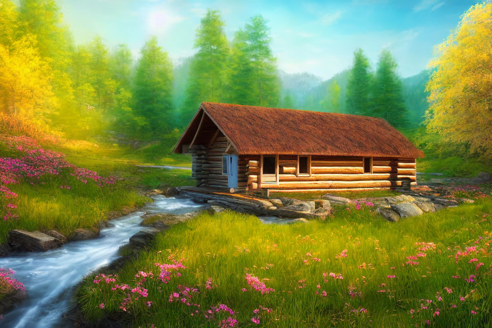 Tranquil landscape: wooden cabin, stream, pink flowers, greenery