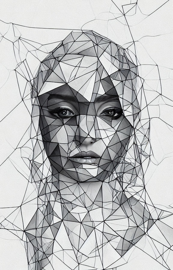 Geometric monochrome illustration of woman's face with intricate polygonal patterns.