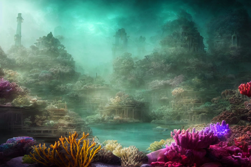 Underwater scene: Ancient city ruins, vibrant coral, mysterious glow