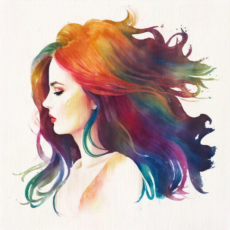 Vibrant Watercolor Illustration: Woman with Flowing Rainbow Hair