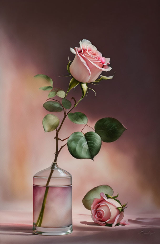 Pink Rose in Clear Glass Vase with Soft-Colored Background