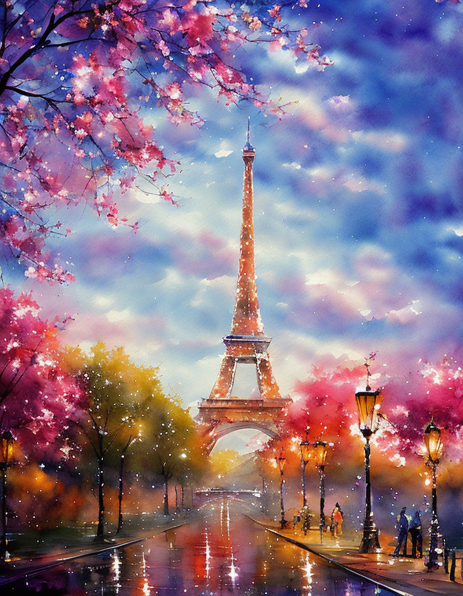 Eiffel Tower watercolor painting with pink blossoms and twilight sky