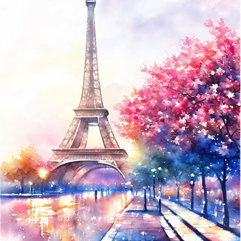 Colorful Watercolor Painting: Eiffel Tower with Trees and Rainy Reflections