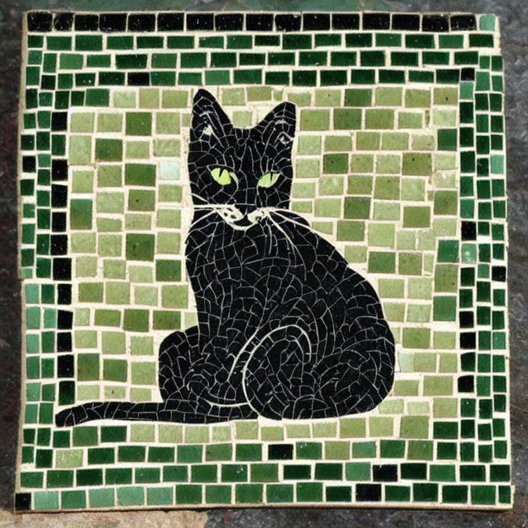 Black Cat with Green Eyes Mosaic Tile on Green Background