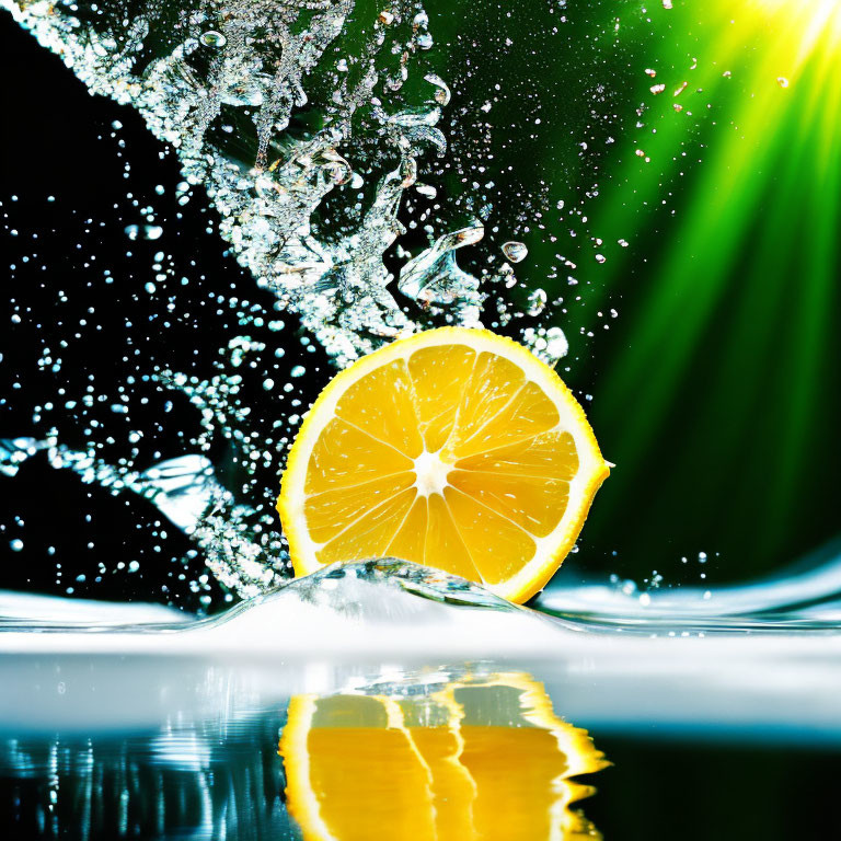 Bright Lemon Slice Splash with Water Droplets on Green Gradient Background