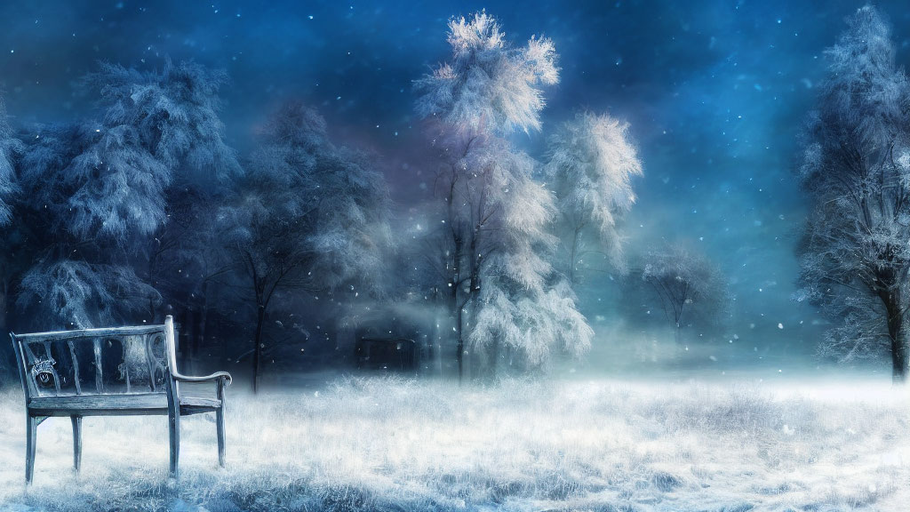 Snowy Night Landscape with Metal Bench and Illuminated Trees