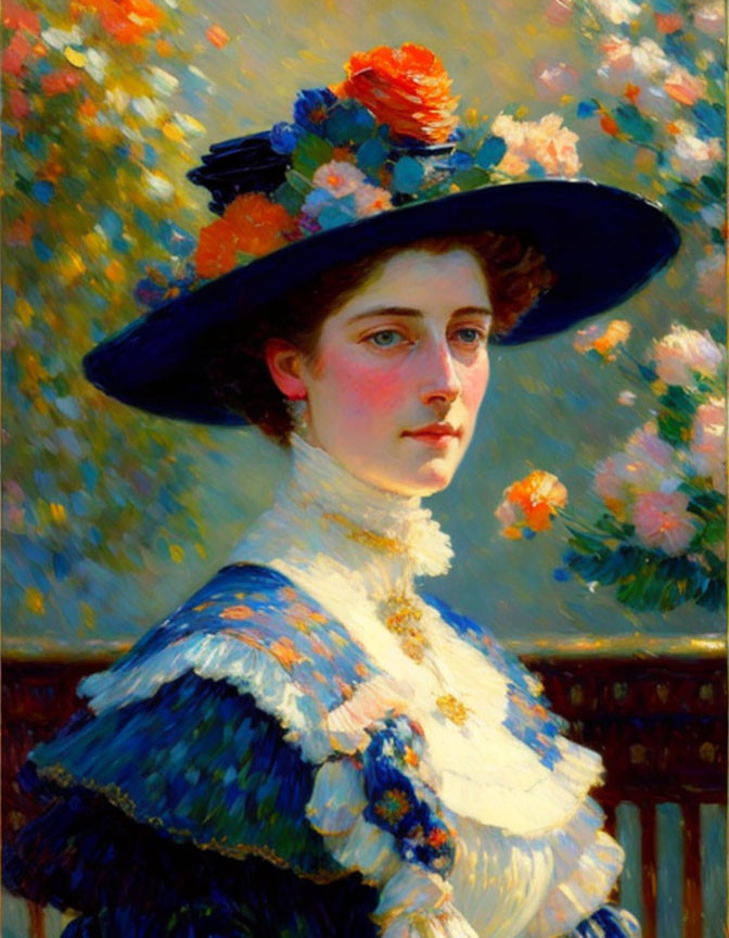 Woman in Floral Hat and Blue Dress Surrounded by Colorful Flowers