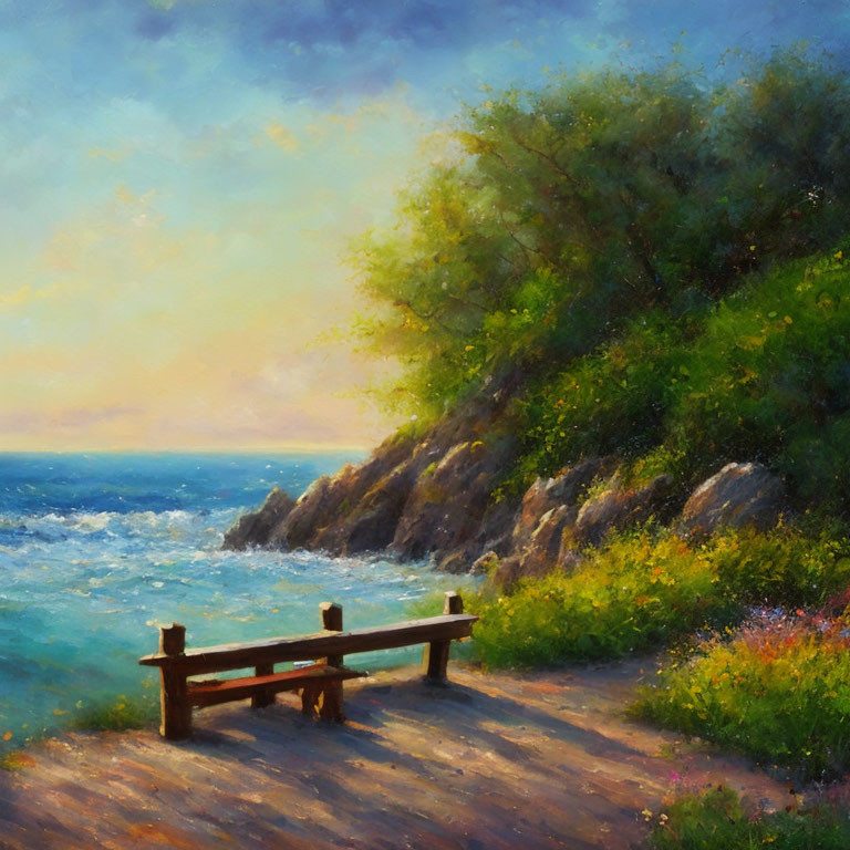 Tranquil painting of wooden bench by vibrant sea