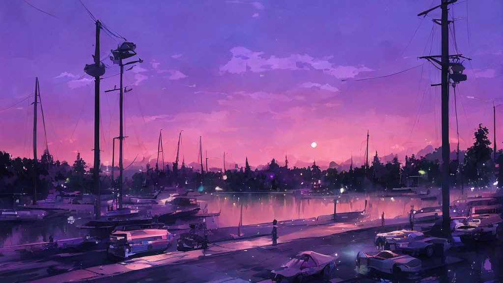 Serene marina at dusk with purple and pink sunset