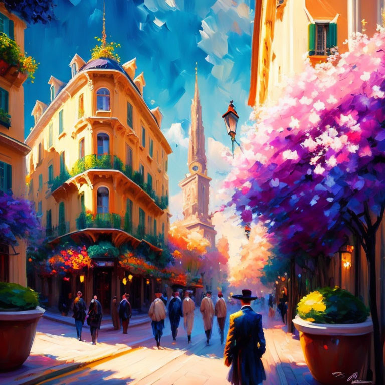 Vibrant impressionistic painting of people on charming street