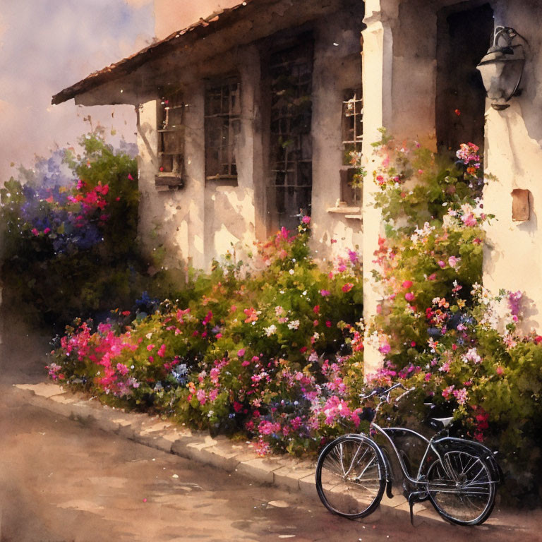 Charming Cottage Painting with Vibrant Flowers and Bicycle
