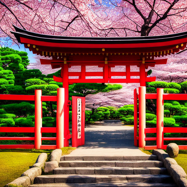 Tranquil Japanese garden with red torii gate, cherry blossoms, and green bushes