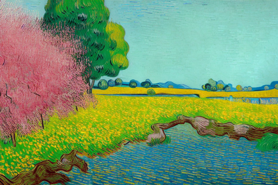 Colorful painting of pink tree, green foliage, yellow flowers, and blue sky with bold brushst