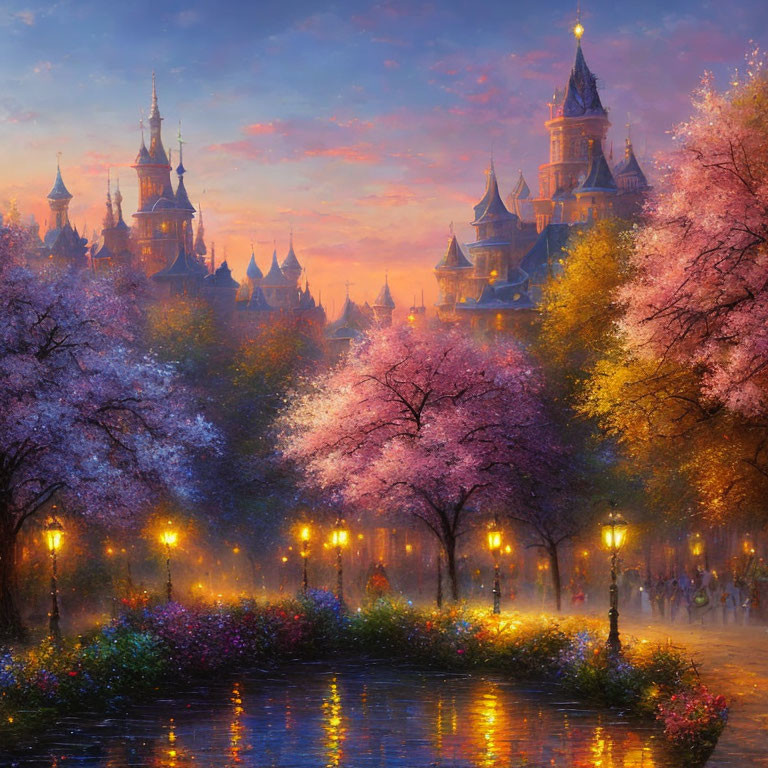 Fairytale castle painting in blooming park at sunset