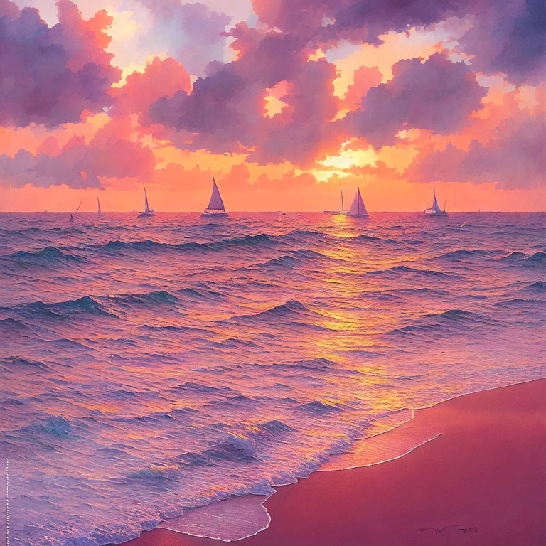 Vibrant purple and orange sunset over ocean with sailboat silhouettes and waves on sandy beach