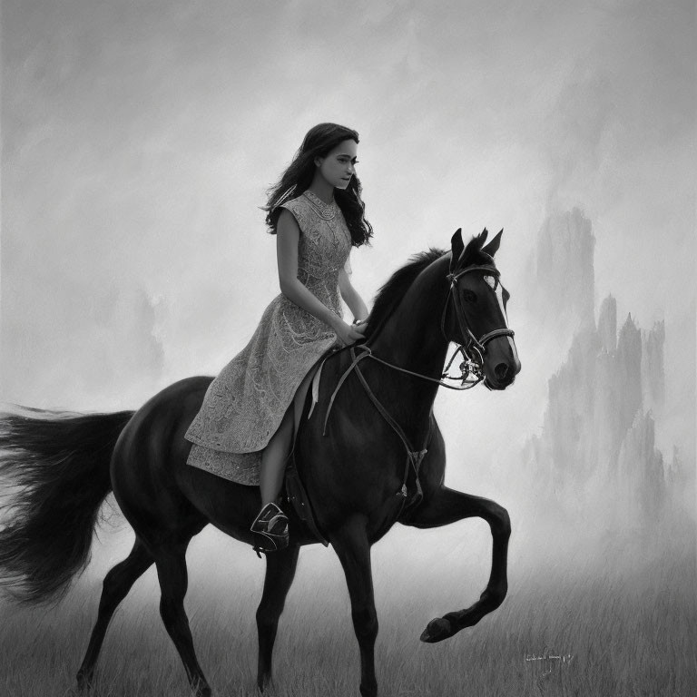 Woman in lace dress riding black horse through misty field with shadowy spires.