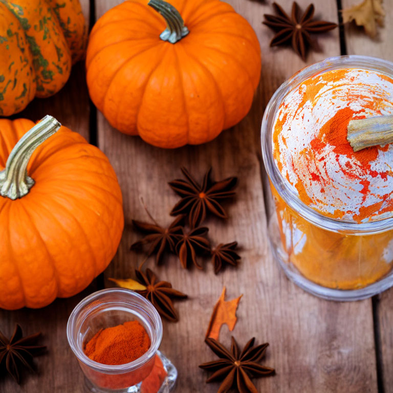 Assorted autumn elements on wooden surface: pumpkins, puree, spices.