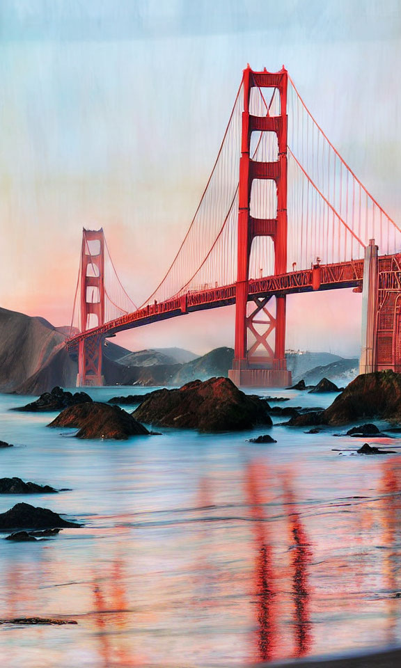 Golden Gate Bridge at Sunset with Serene Waters and Rocks