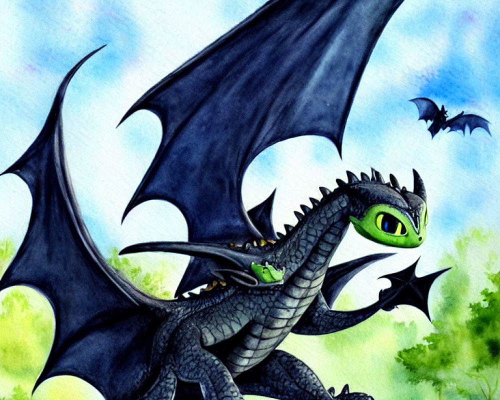 Colorful Cartoon Dragon Illustration with Green Eyes on Blue Watercolor Background