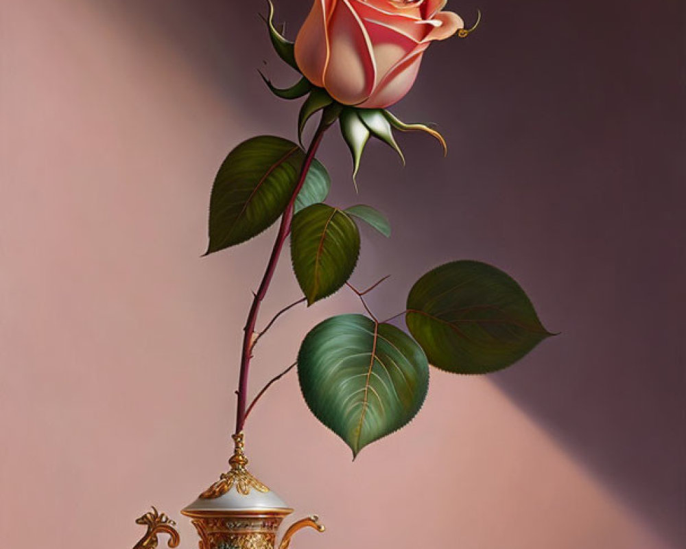 Peach-Colored Rose in White Vase with Gilded Bowl on Pink Background