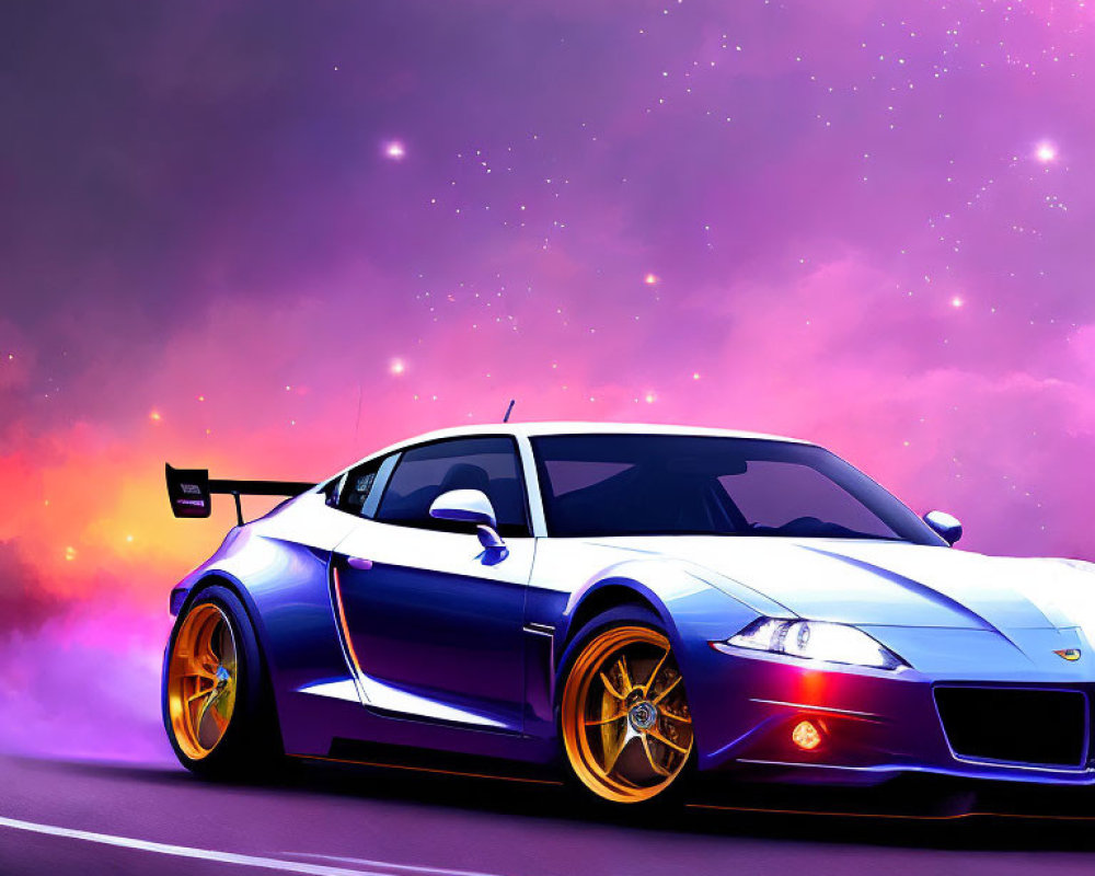 Sleek Blue Sports Car Digital Art Against Cosmic Sky